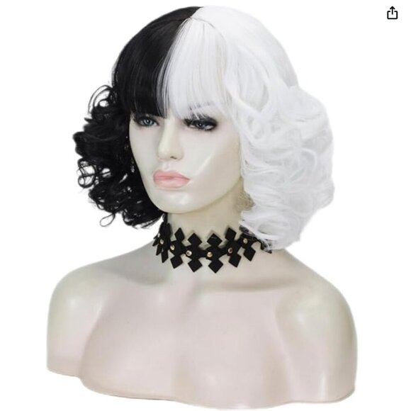 Aicos Other - Short Black and White Wig Shoulder Length Wavy Two Tone Cosplay Wig Full Bangs